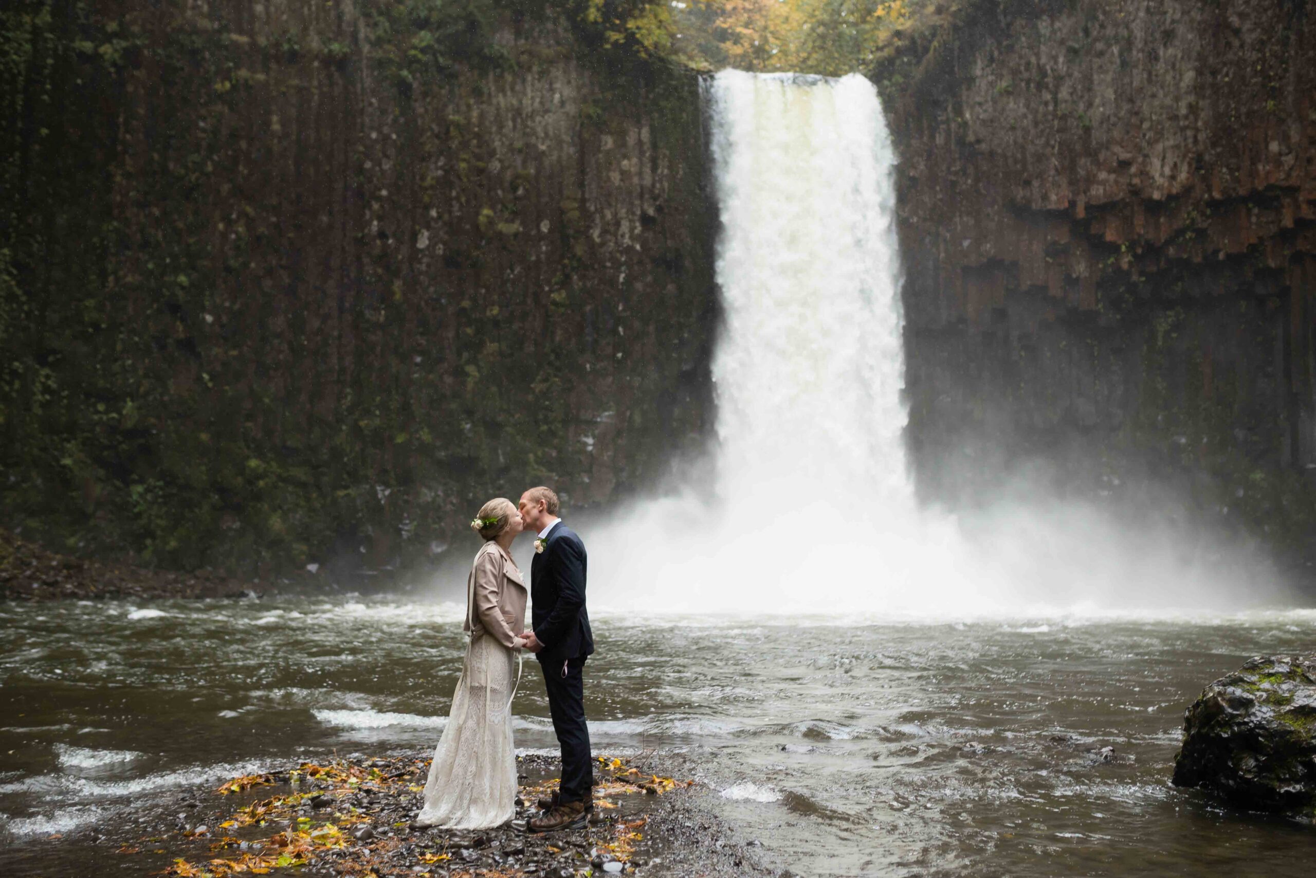 Oregon Waterfall Elopement at Abiqua Falls in the pouring rain