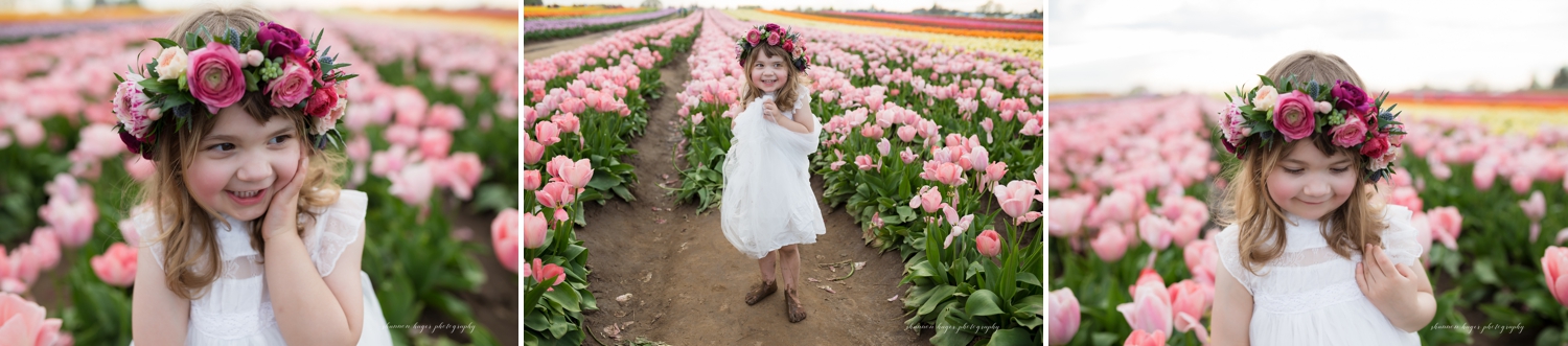spring tulip field mini session, wooden shoe tulip farm photos, portland family photographer, little girl in the tulip fields